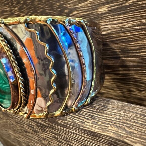Handcrafted 2in Wide Cuff Bracelet, Malachite Green Stone, Mixed Metals, Adjust - Picture 9 of 10